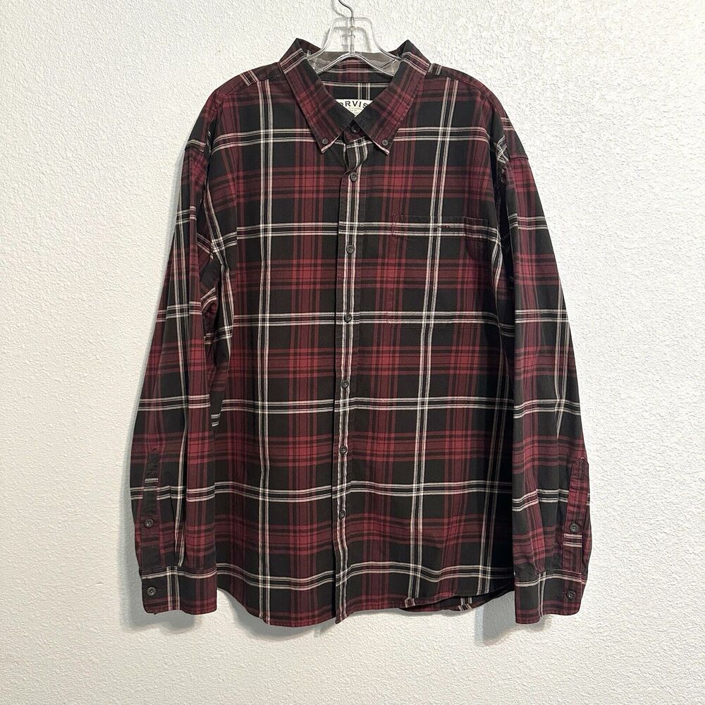 Orvis Shirt Mens Size XXL Black Red Plaid Button Down Long Sleeve 2XL Casual